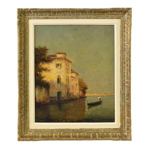 Marine Painting, Venice With Gondola Painting, Angelo Pisani, XX Century. (qp580)