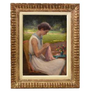 Antique Woman Portrait Painting, Young Woman Sewing In The Garden, Oil On Wood, XX . (qr577)