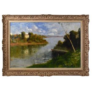 Landscape Painting With River, Antique Oil Landscape Painting, Oil On Canvas, XX. (qp586)