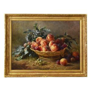 Still Life Oil Painting With Fruit, Peaches And Plums, Oil On Canvas, Antique Painting.(qnm590)