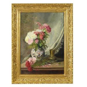 Antique Flower Painting, Chrysanthemums Flowers, Oil On Canvas, 19th Century. (qf596)