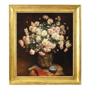 Tableau Ancien Fleurs, Fernand Gaudfroy, Peinture Fleurs De Marguerites, XXè Siècle. (QF597)