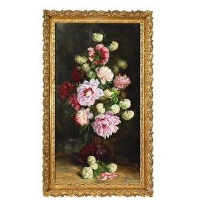 Antique Painting With Flowers, Peonies, Still Life Oil Painting, XX Century. (qf602)