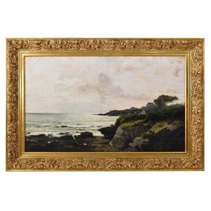 Antique Landscape Oil Painting, Seascape With Coast And Sea, Nature Painting, XIX. (qp605)