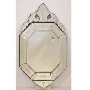 Antique Venetian Mirror, Glass Frame Beveled, Glass With Engraved Flowers, XX Century. (spv192)