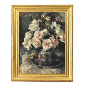 Tableau Ancien Fleurs, Jean Laudy, Peinture Fleurs roses, XXè Siècle, Art Deco. (QF614)