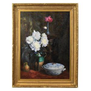 Tableau Ancien, Art Deco, Jouenne Léon, Tableau De Fleurs, Pivoines Blanches. (QF619)