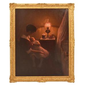 Antique Woman Portrait Painting, Mother With Her Newborn Child, Oil On Canvas, XX.  (qr629)