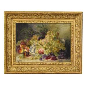 Still Life Oil Painting, Still Life With Fruit, Peaches And  White Grapes, XIX . (qnm616)