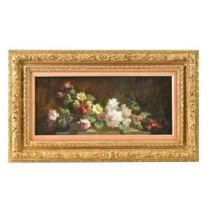 Antique Flower Painting, Small Rose Flowers, Oil On Canvas, 19th Century. (qf600)