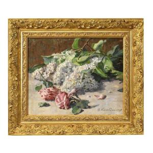 Art Nouveau Still Life Painting, Flowers Painting, Roses And Lilacs, Oil On Canvas. (qf627)