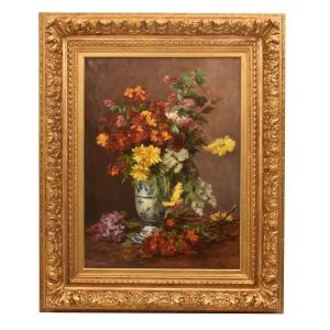 Antique Flower Painting, Daisies And Lilacs Flowers, Oil On Canvas, Late 19th Century. (qf630)