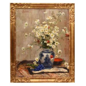 Art Deco Still Life Painting, Flowers Vase Painting, Daisies And Poppies, Oil On canvas.(QF636)