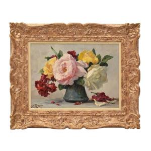 Antique Flower Painting, Small Rose Flowers, Oil On Canvas, 20th Century. (qf639)