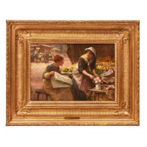 Antique Woman Portrait Painting, Two Women At A Market, Oil On Canvas, Late XIX Century.(qr641)