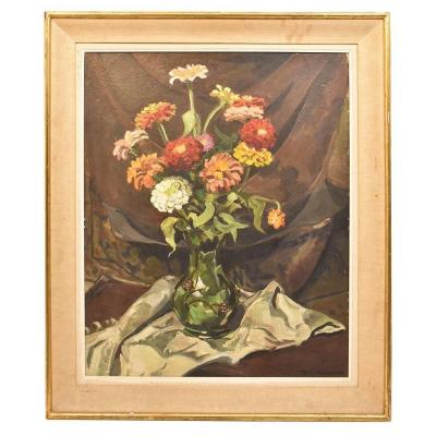 Flower Painting, Yellow And Red Zinnie Flowers, Still Life, Oil On Wood, Art Deco. (qf248)