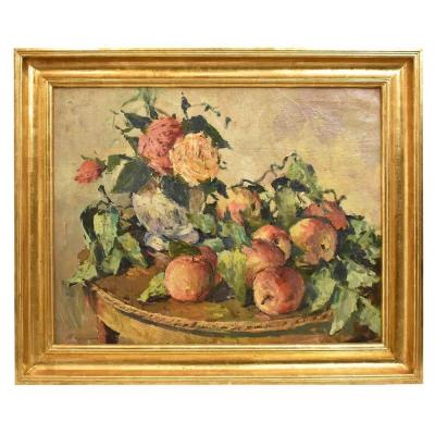 Still Life Painting, Flower Pot With Roses And Apples, Oil Painting, 20th Century. (qnm250)