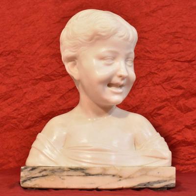 Antique Marble Statues, Bust Of Child Sculpture, Signed Pugi, XIX Century.(stma44)