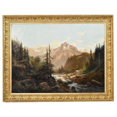 Mountain Landscape Painting, Shepherd And Flock, Nature Painting, Signed Godchaux, XIX.(qp 261)