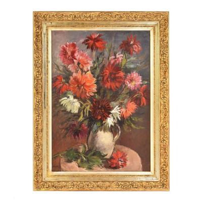 Flower painting, White And Red Dahlias, Still Life, Oil On Canvas, Art Deco. (qf07)
