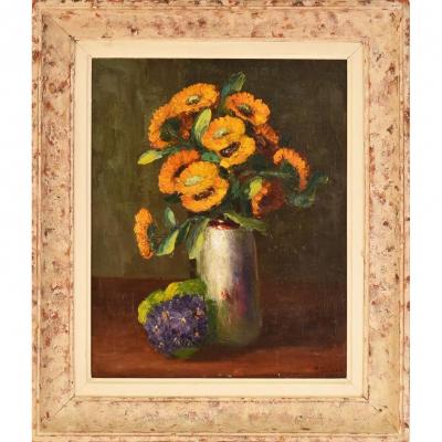 Flower painting, Yellow Daisies Painting, Still Life, Oil On Canvas, Art Deco. (qf24)