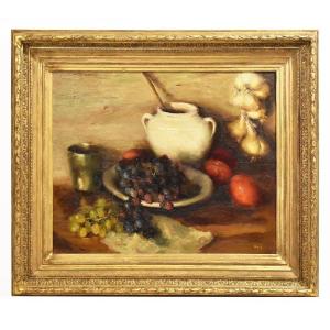 Antique Still Life With Fruit painting, Dyf Marcel, Oil On Canvas, Early 20th Century. (qnm395)