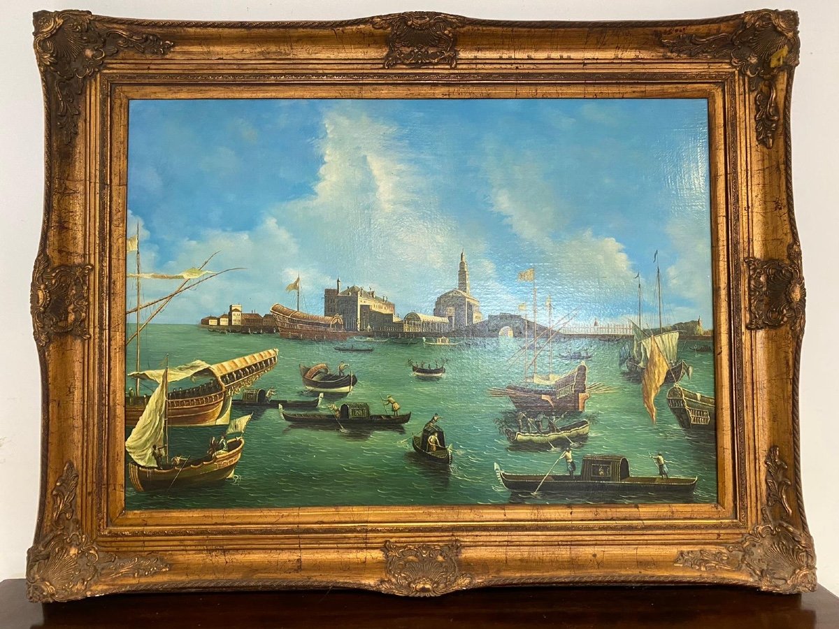 Peinture à l'Huile Sur Toile Avec Cadre. Venise 20ème Siècle