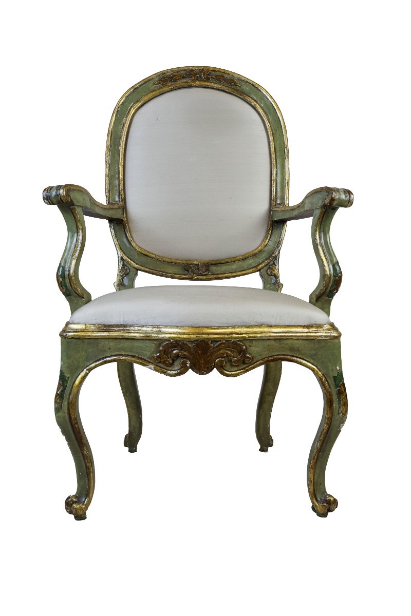 Fauteuil Louis XV En Bois Sculpté Laqué Doré. Marques Du Début Du XVIIIe Siècle-photo-1