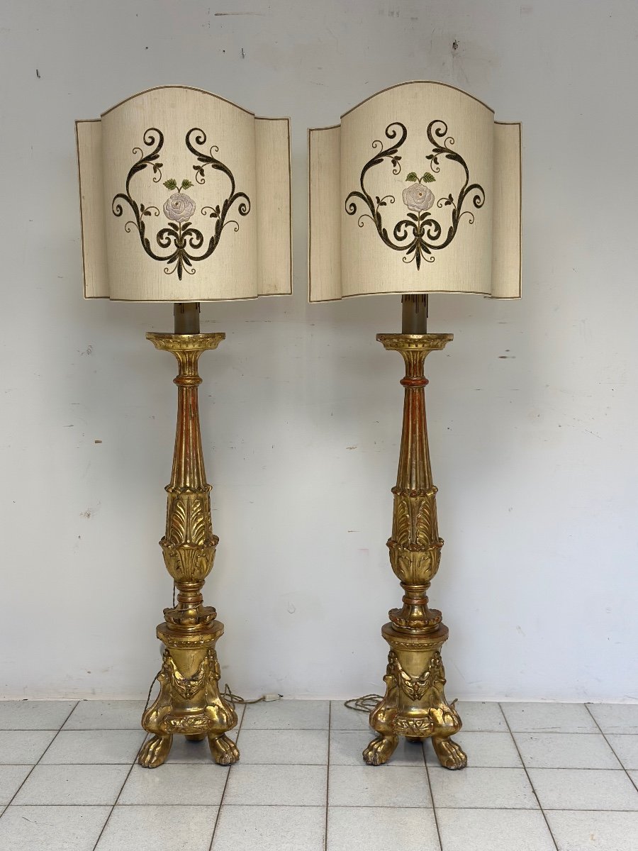 Pair Of Gold Leaf Wooden Candlesticks. First Empire, Early 19th Century. 170 Cm-photo-2