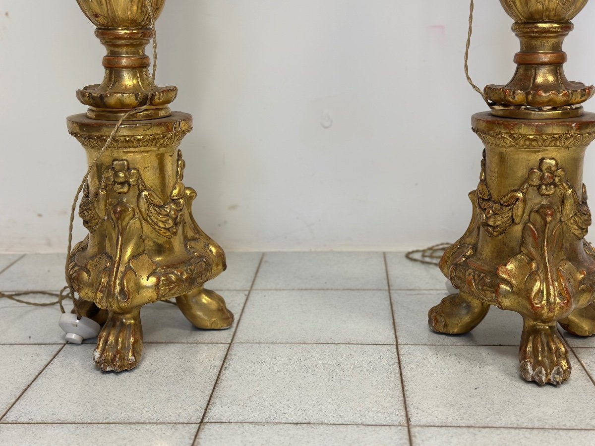 Pair Of Gold Leaf Wooden Candlesticks. First Empire, Early 19th Century. 170 Cm-photo-1