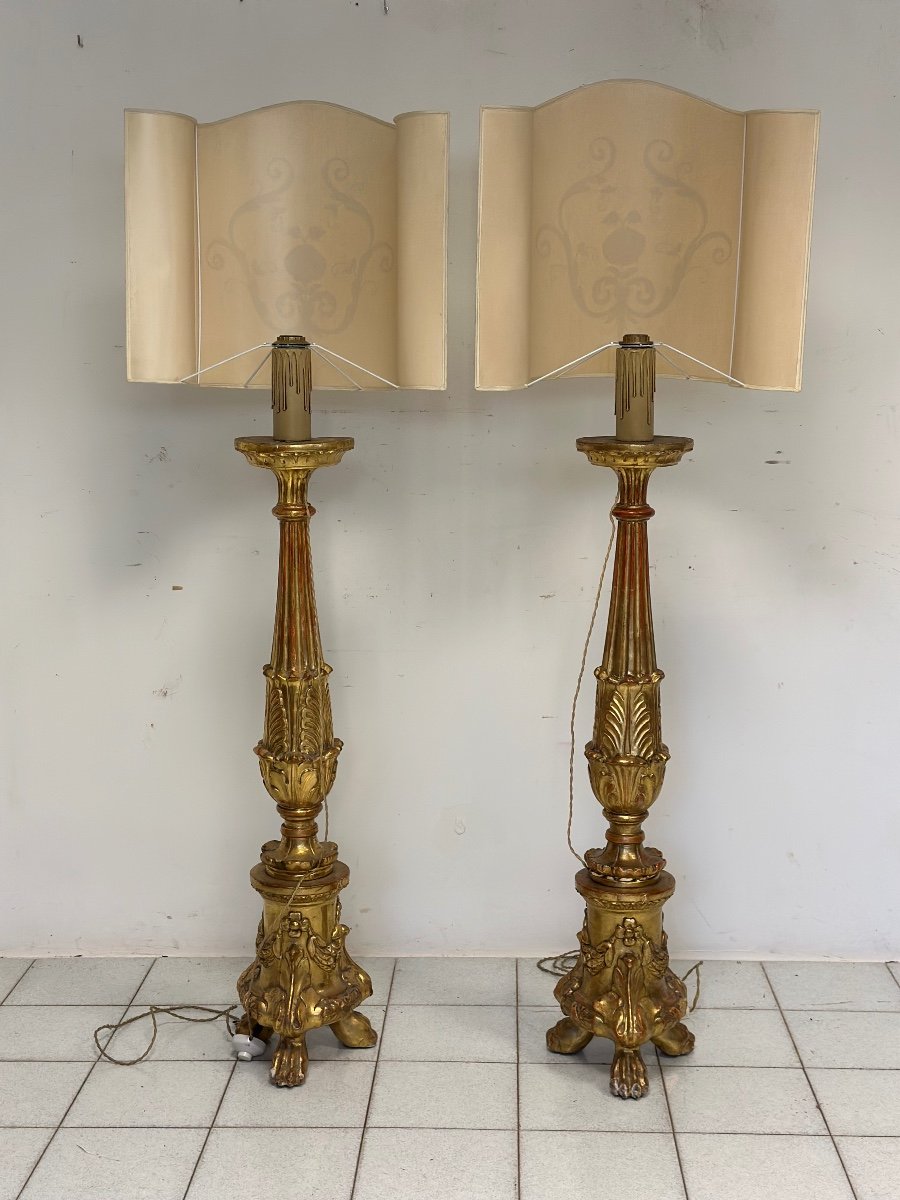 Pair Of Gold Leaf Wooden Candlesticks. First Empire, Early 19th Century. 170 Cm-photo-4