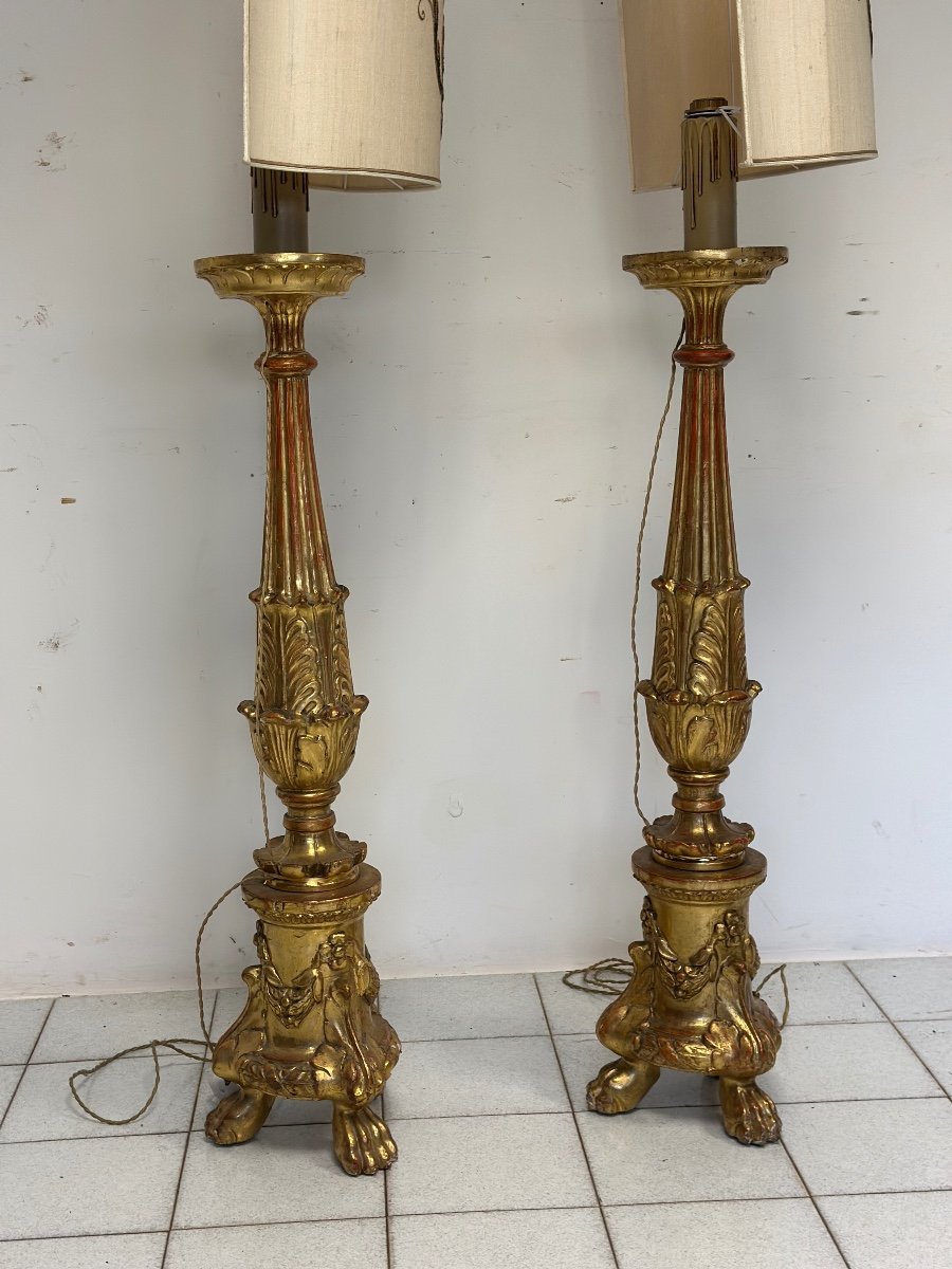 Pair Of Gold Leaf Wooden Candlesticks. First Empire, Early 19th Century. 170 Cm-photo-5