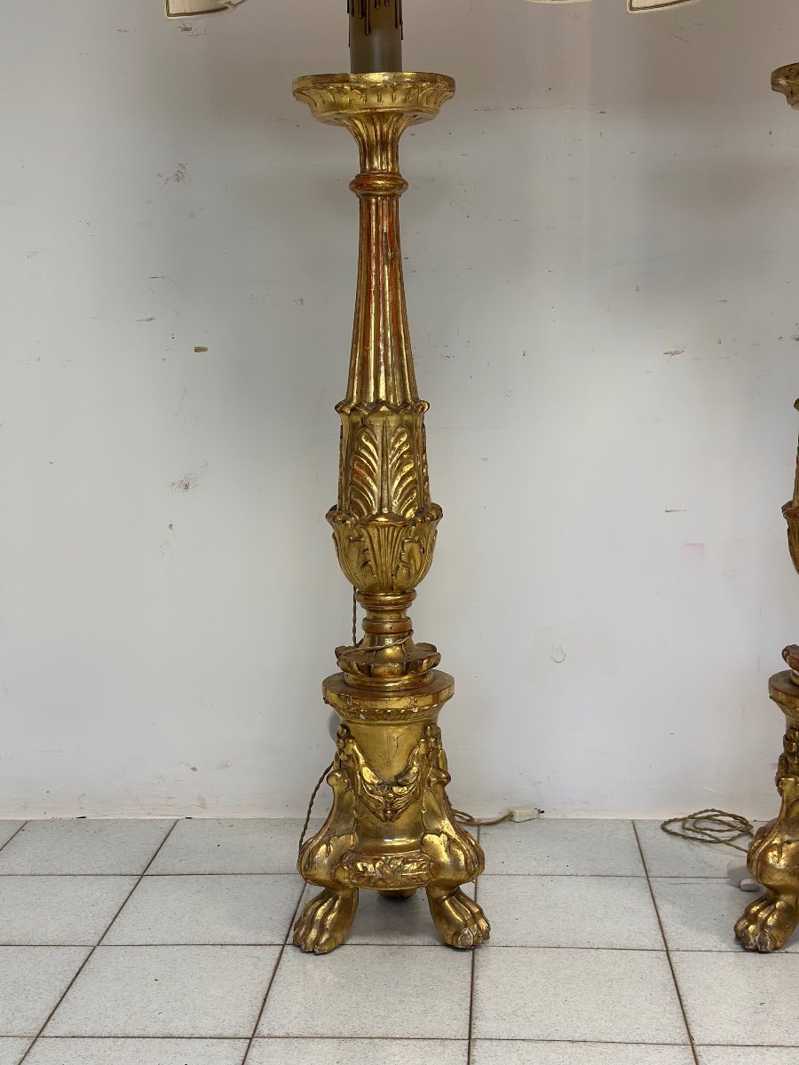 Pair Of Gold Leaf Wooden Candlesticks. First Empire, Early 19th Century. 170 Cm-photo-7