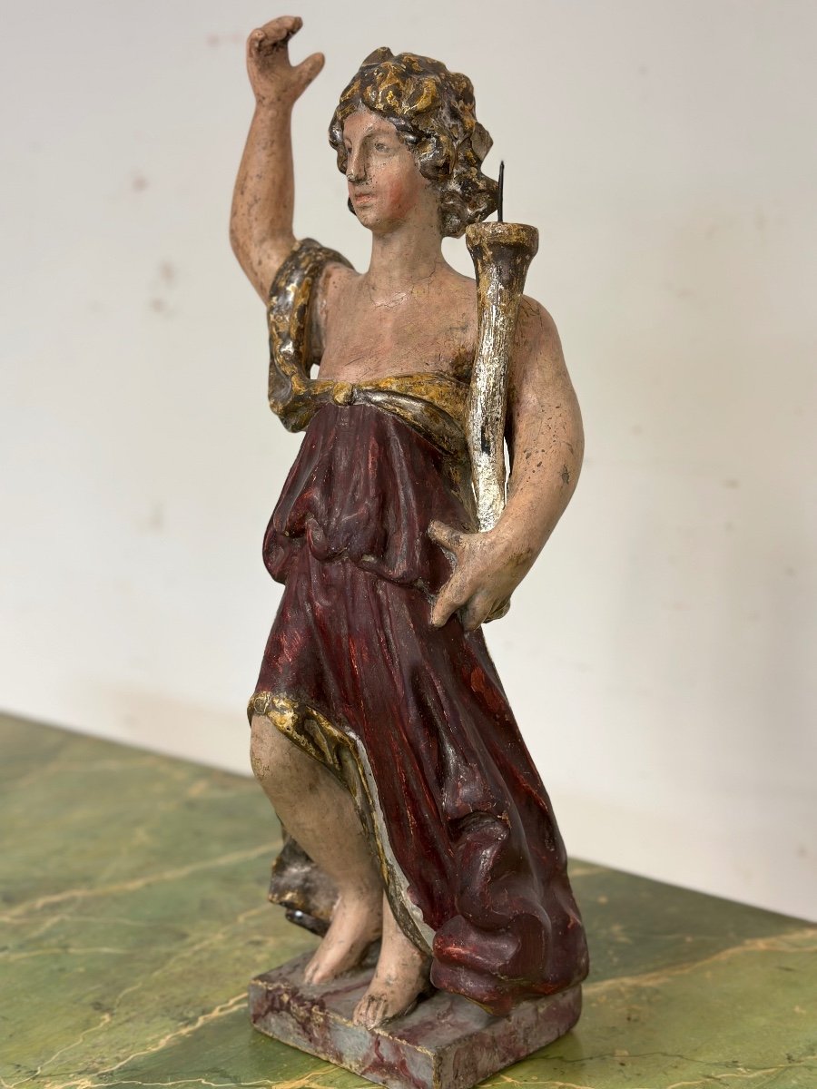 Wooden Sculpture Of An Angel With Polychrome Candle Holder Cornucopia. End Of The 1600s-photo-2