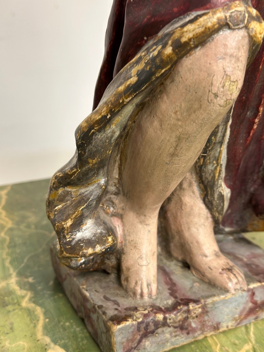 Wooden Sculpture Of An Angel With Polychrome Candle Holder Cornucopia. End Of The 1600s-photo-3