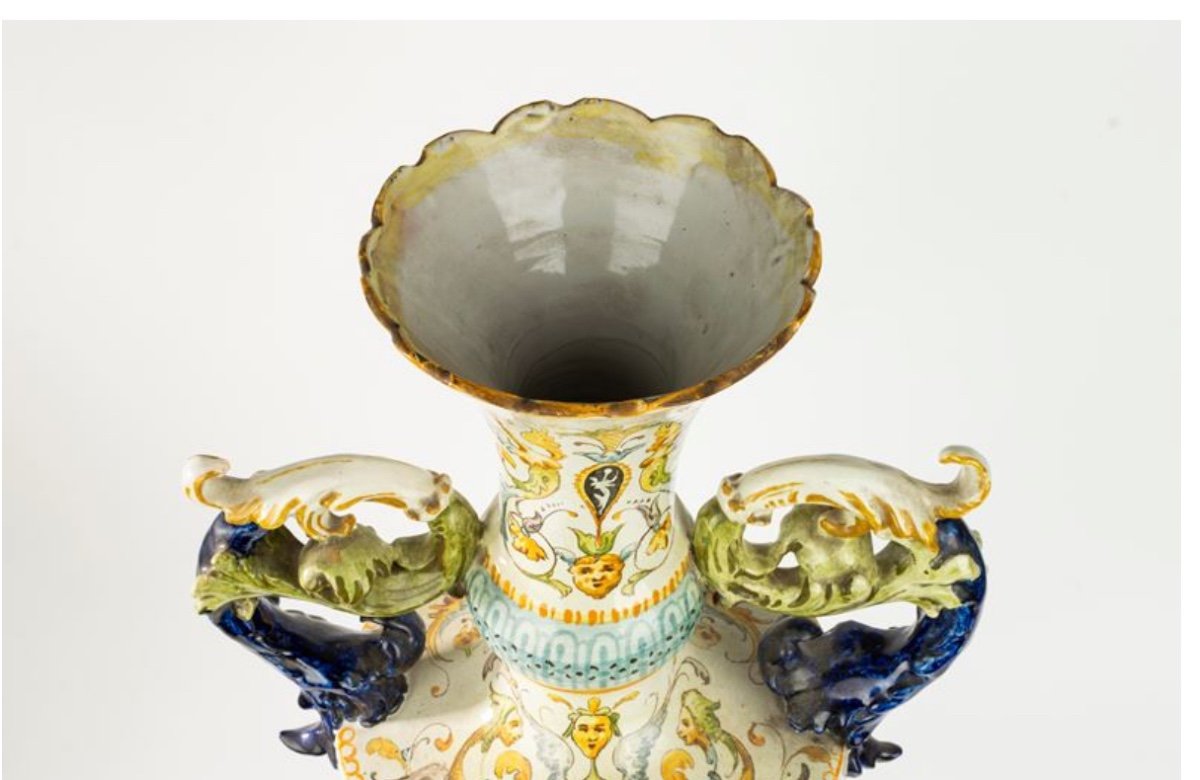 Polychrome Majolica Vase. Giovanni Mollica Naples 19th Century. Height 78 Cm-photo-3