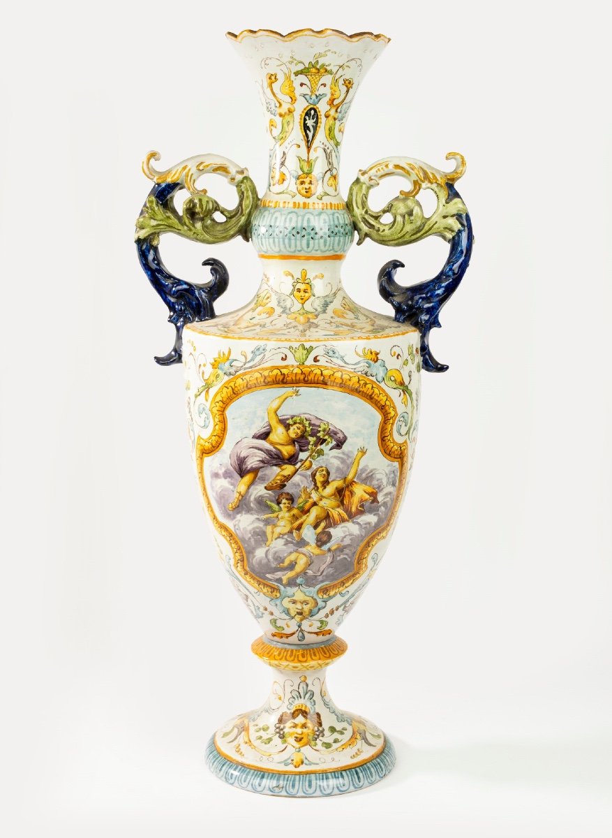 Polychrome Majolica Vase. Giovanni Mollica Naples 19th Century. Height 78 Cm-photo-2