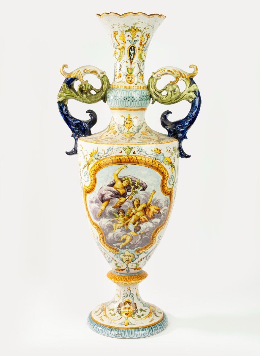 Polychrome Majolica Vase. Giovanni Mollica Naples 19th Century. Height 78 Cm-photo-3