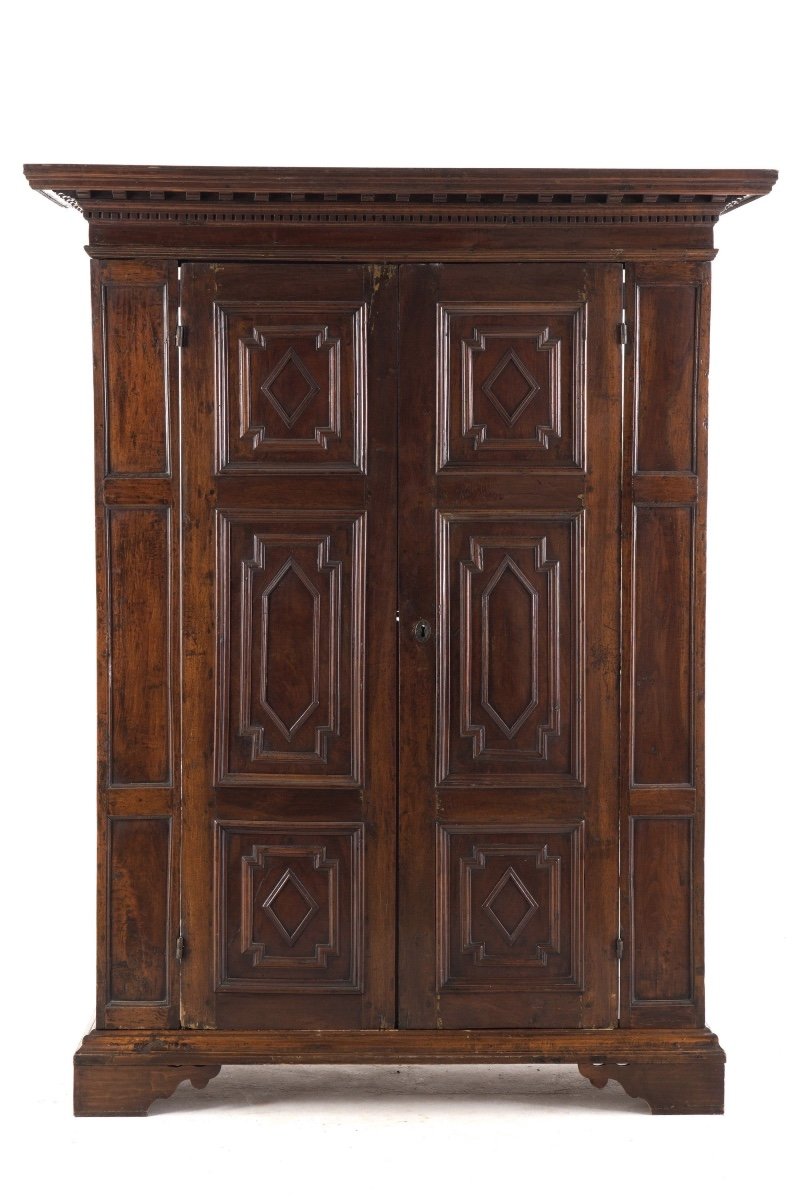 Walnut Wardrobe With Two Paneled Doors. Lombardy Louis XIV. 17th Century-photo-1