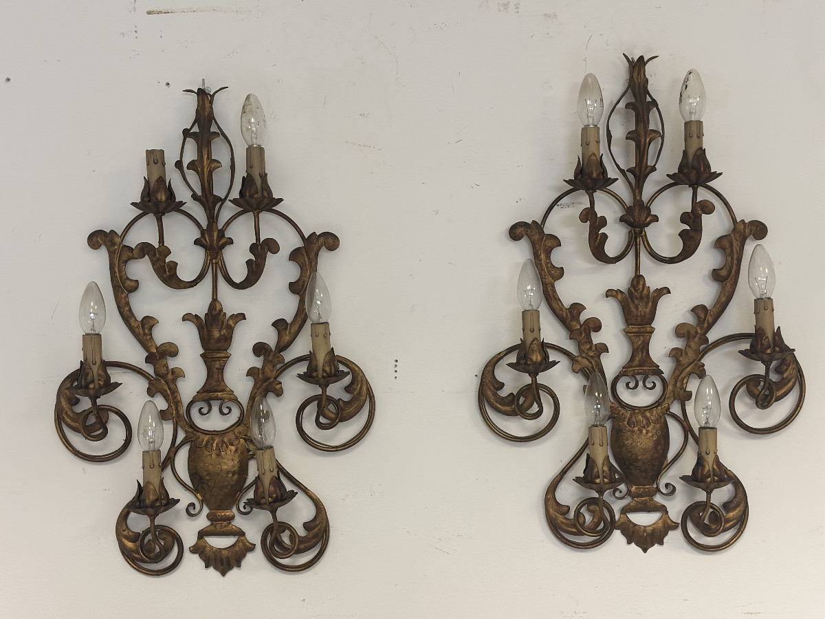 Pair Of Six-flame Gilded Bronze Appliques. Late 19th Century