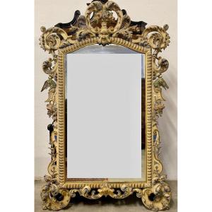 Lacquered Golden Carved Wooden Mirror. Lombardy Piedmont Early 19th Century