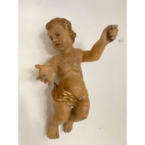 Angelot En Bois Sculpté Laqué Et Doré. Lombardie Du XVIIe Siècle