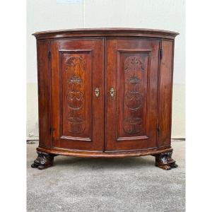 Corner Cupboard In Walnut Curved On The Front. Genoa 18th Century