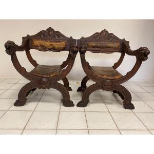 Pair Of Savonarole Armchairs In Carved Walnut. 17th Century