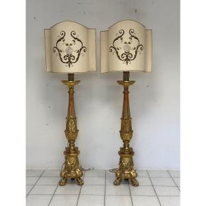 Pair Of Gold Leaf Wooden Candlesticks. First Empire, Early 19th Century. 170 Cm