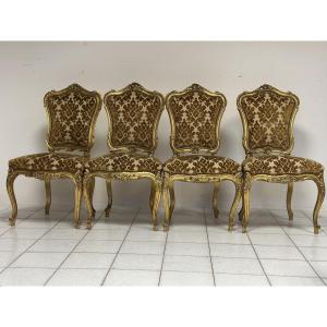 Four Lombard Chairs In Carved And Gilded Wood. 19th Century