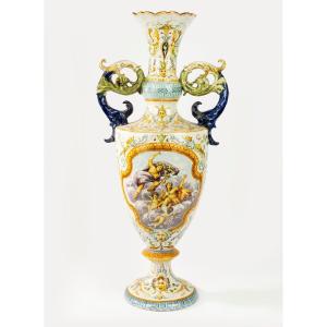 Polychrome Majolica Vase. Giovanni Mollica Naples 19th Century. Height 78 Cm