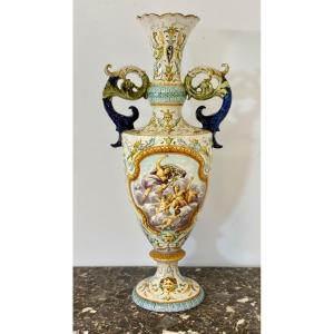 Polychrome Majolica Vase. Giovanni Mollica Naples 19th Century. Height 78 Cm