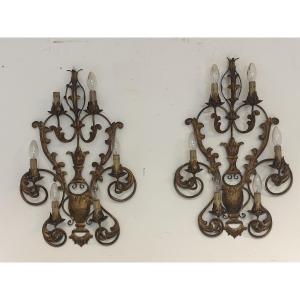 Pair Of Six-flame Gilded Bronze Appliques. Late 19th Century