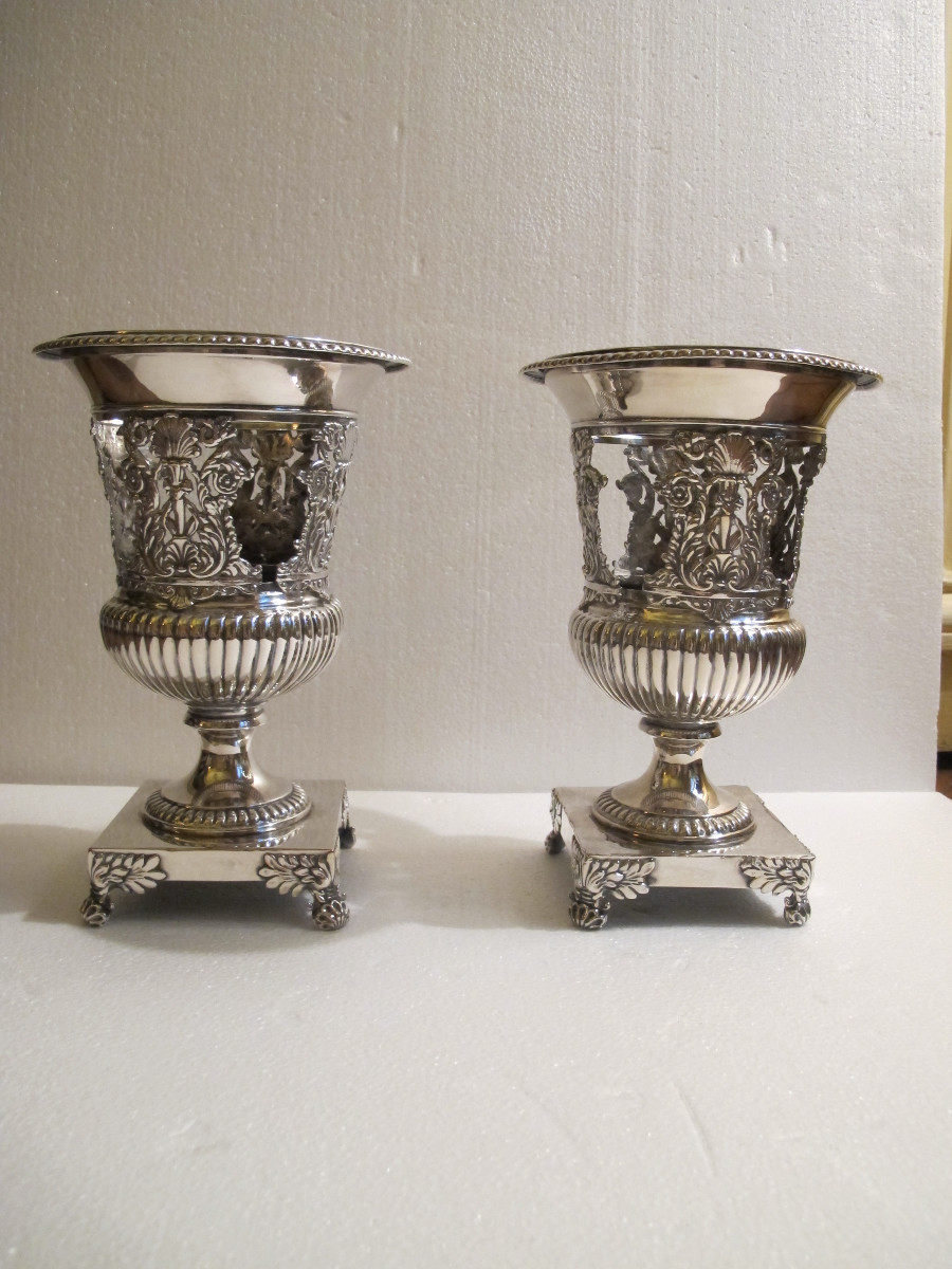 Pair Of Silver-plated Medici Vases, 19th Century